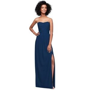 David’s Bridal Lace and Mesh Long Strapless Dress In Marine Navy Blue size 2